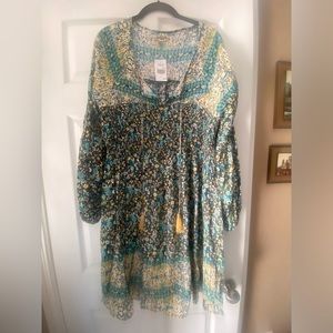 One World BoHo Knee Length Full Flowing Blues Black Floral Tassel Tie Dress